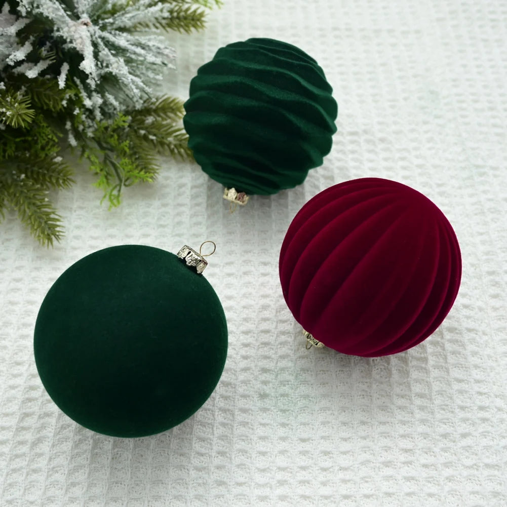 12Pcs Velvet Christmas Ball Ornaments Set 8cm Red Plush Painted Balls