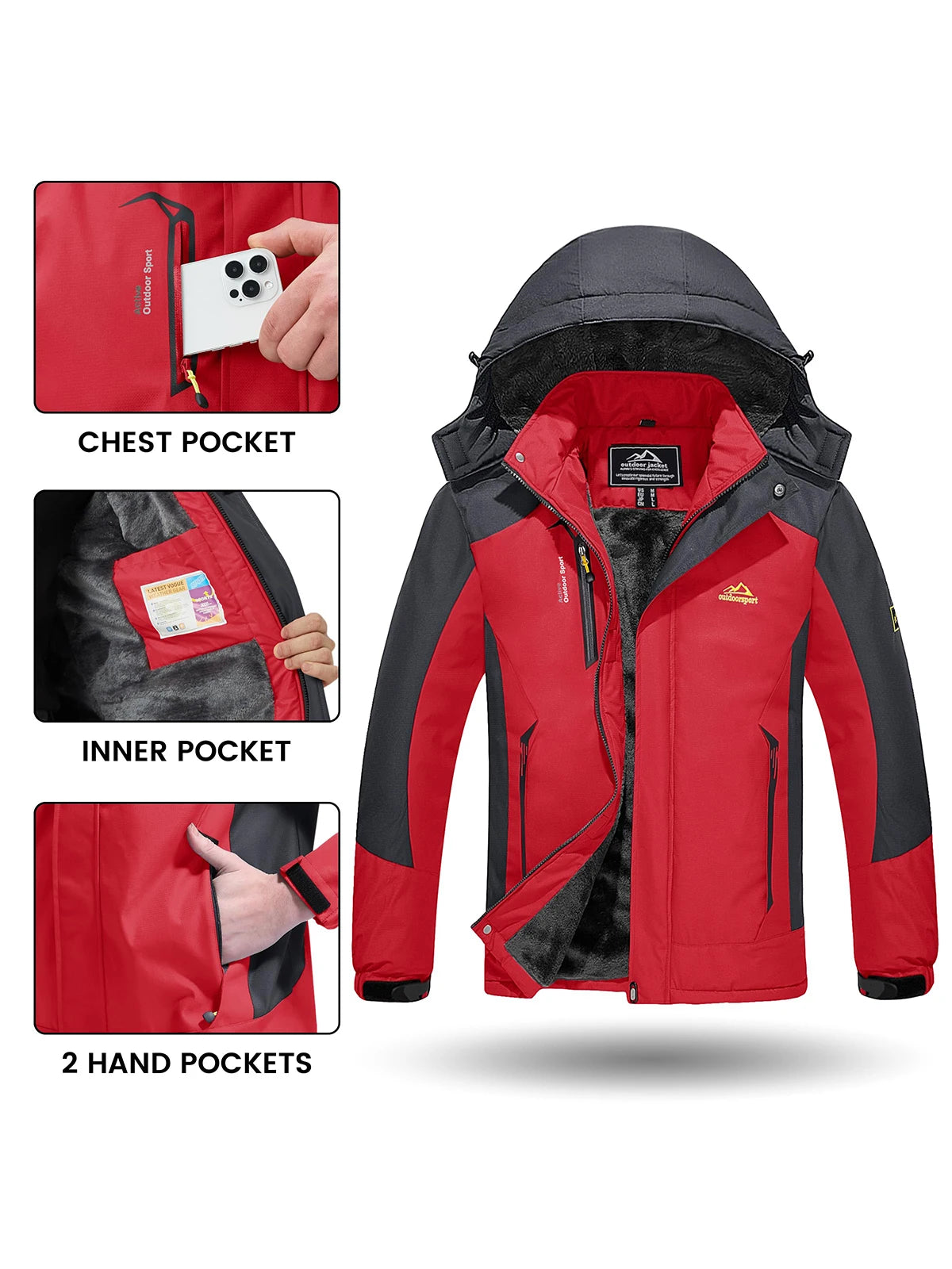 Men's Water Resistant Winter Ski Jacket Parka With Hood And Warm Fleece