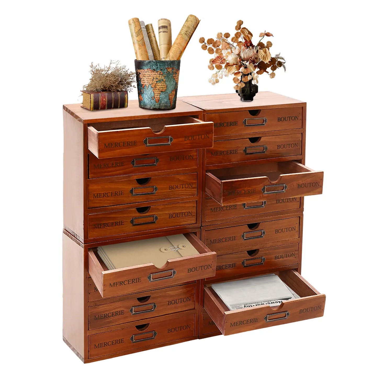4-Tier 49.8*17.5cm Wooden Desktop Organizer 16 Drawers Drawer Organizer Brown Wooden Storage Box Living Rooms Bedroom