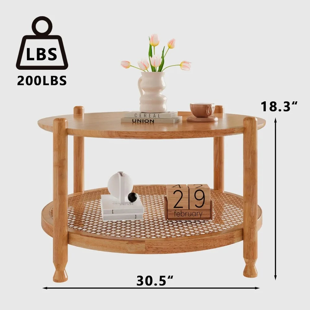 32 Inch Round Rattan Coffee Table Two Tier Storage Shelf