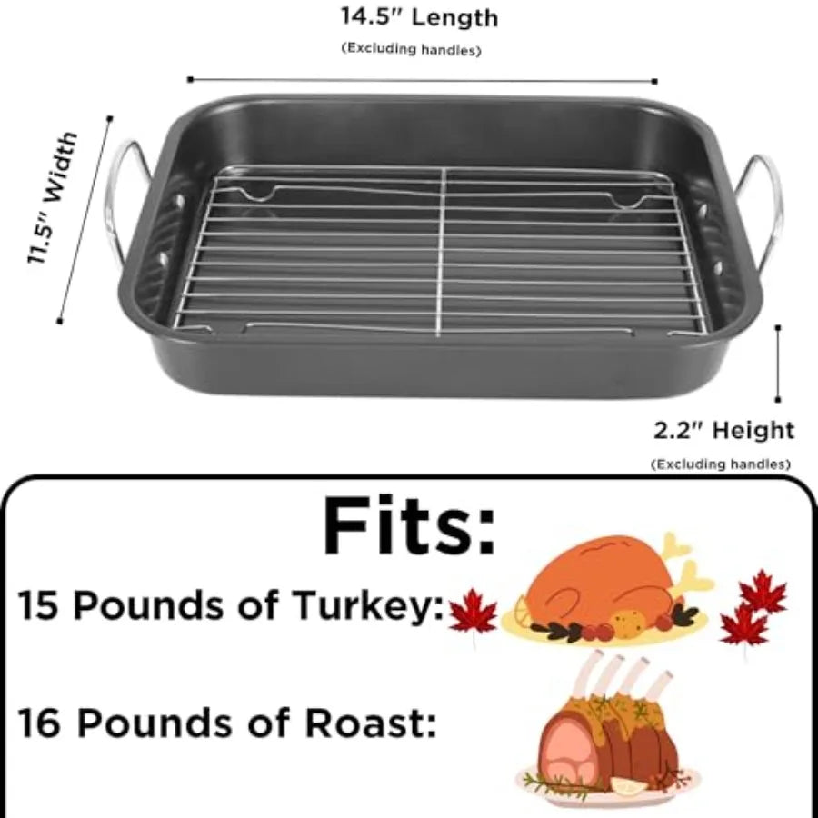 Nonstick Turkey Roasting Pan With Rack And Handles 14.5x11.5 Fits 15 Lb Turkeys