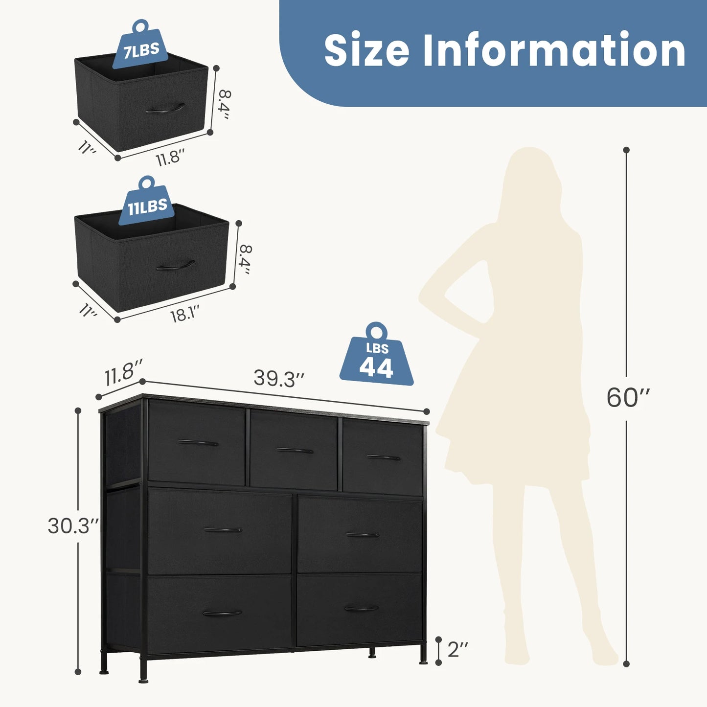 JHK Dresser For Bedroom With 7 Fabric Drawers Organizer Storage Closet Chest Clothes For Living Room Display Cabinet