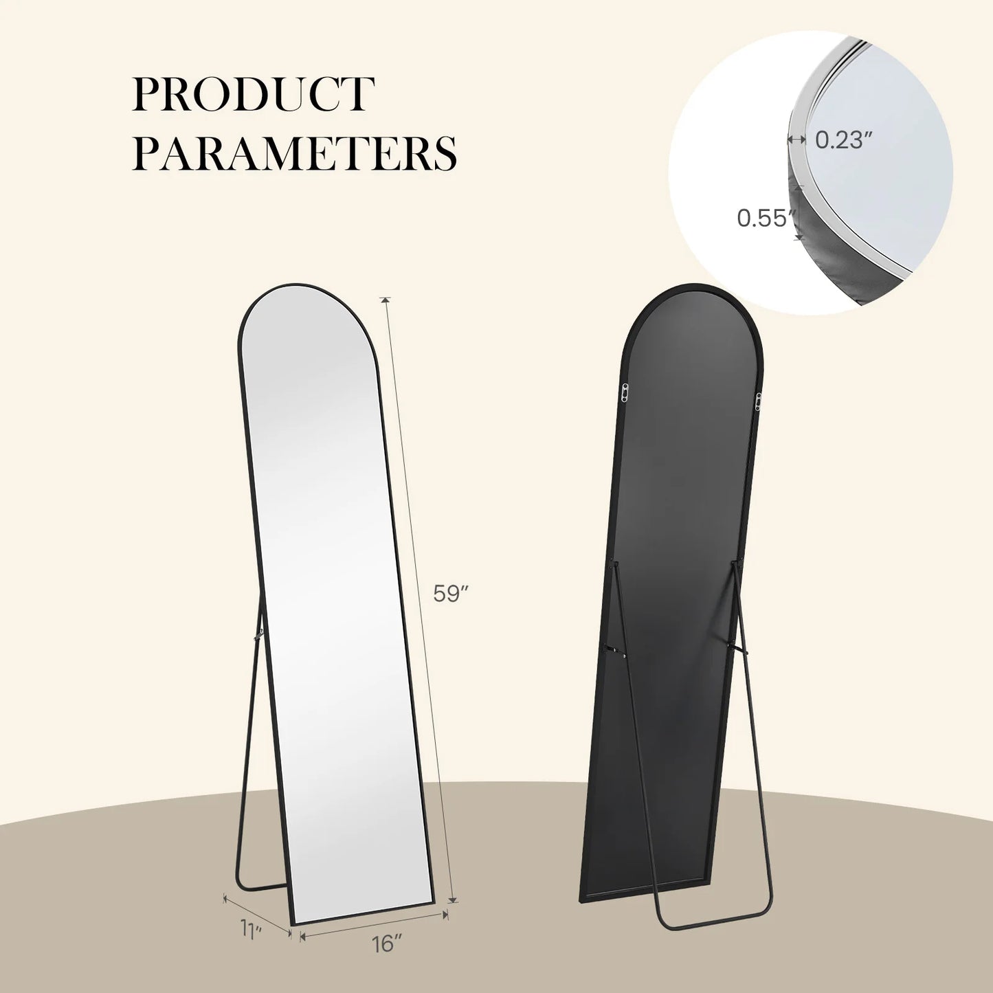 JHK Full Length Mirror Aluminum Alloy Frame Standing Or Wall Hanging 59x16 64x21