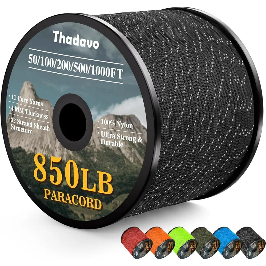 Reflective Paracord Rope 850Lb 1000ft 4mm 11 Strand Para Cord for Camping Tent