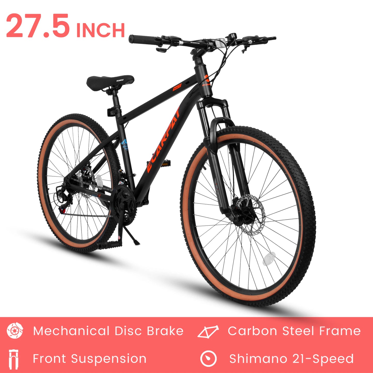 Ecarpat 27.5 Inch Mountain Bike 21 Speed Steel Frame Hardtail Disc Brakes