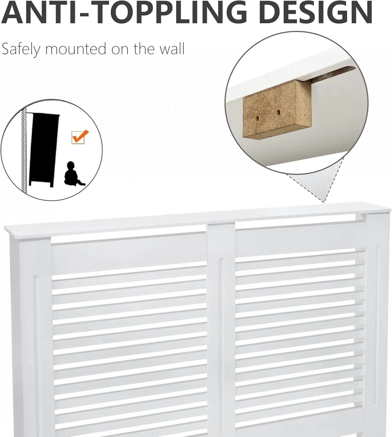 Tall White Wood Radiator Cover Cabinet 92cm External Height Modern Heater Shelf