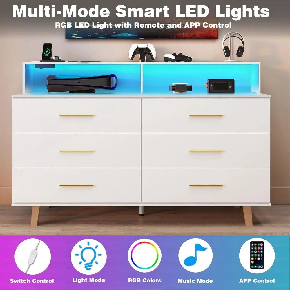 6 Drawer Dresser With LED Light And Power Outlet In White Wood For Bedroom