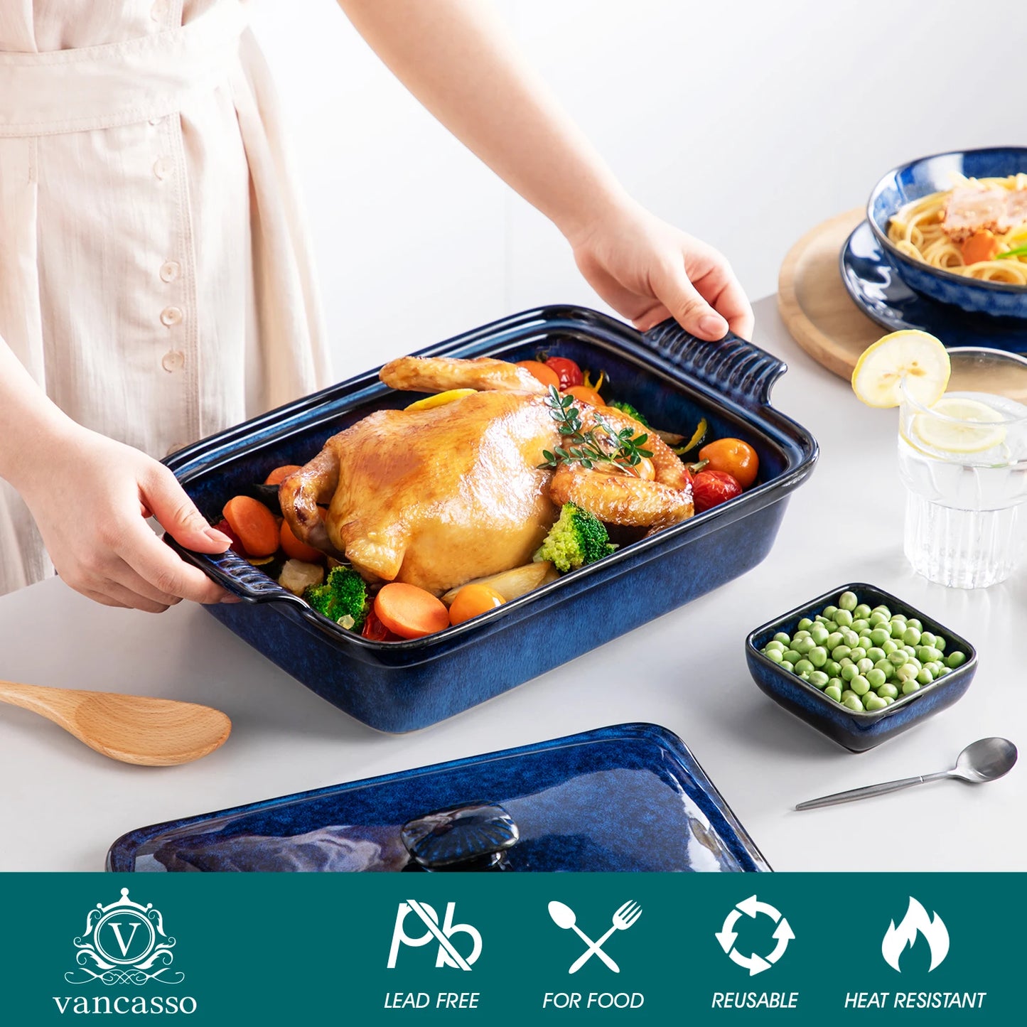 Vancasso Starry Blue Ceramic Casserole Dish With Lid 3.8 And 1.9 Qt Stoneware Microwave Safe Lasagna Pan