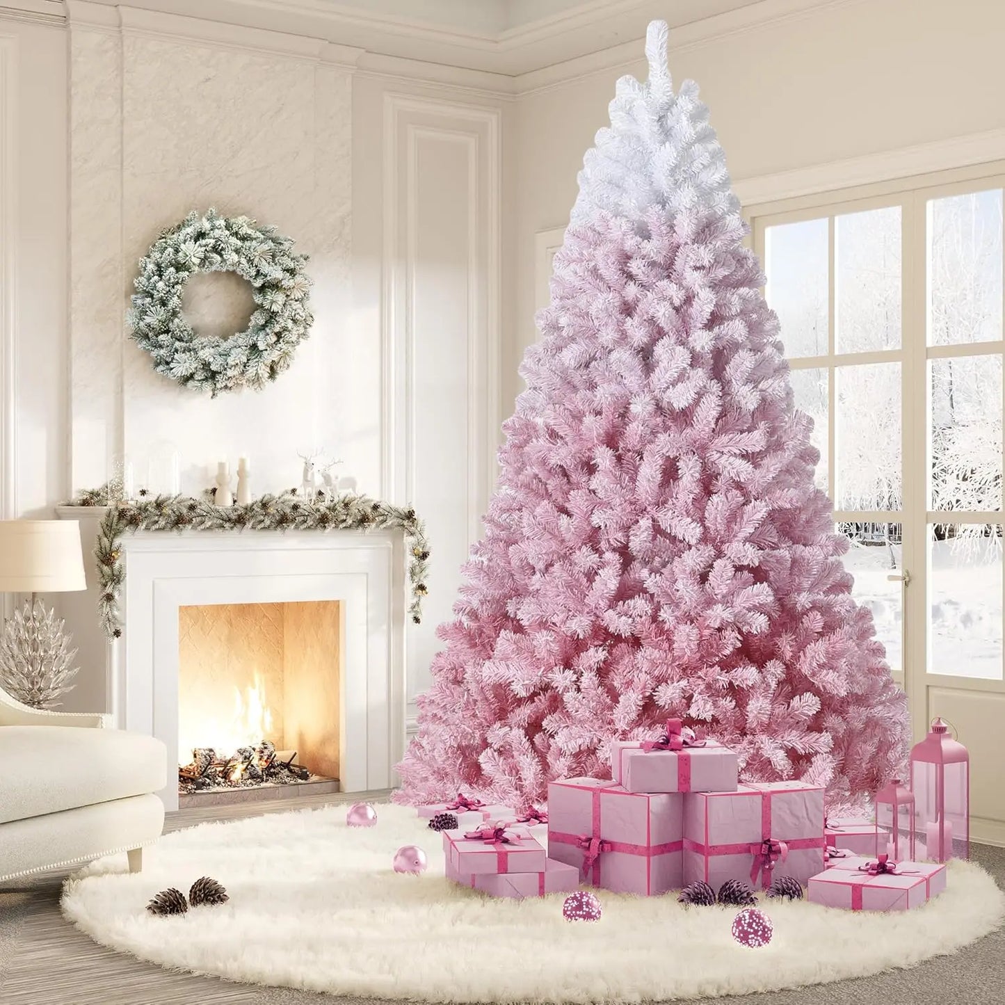 9 Foot Artificial Pre Lit Flocked Christmas Tree Pink Gradient for Home Decor