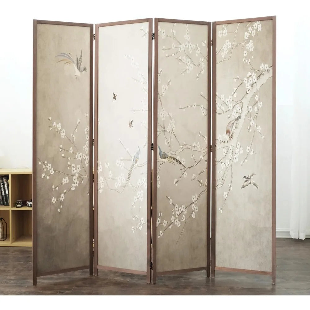 Four Panel Room Divider Screen Plums and Birds Blackout