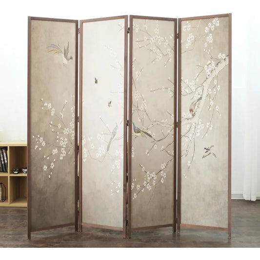 Four Panel Room Divider Screen Plums and Birds Blackout
