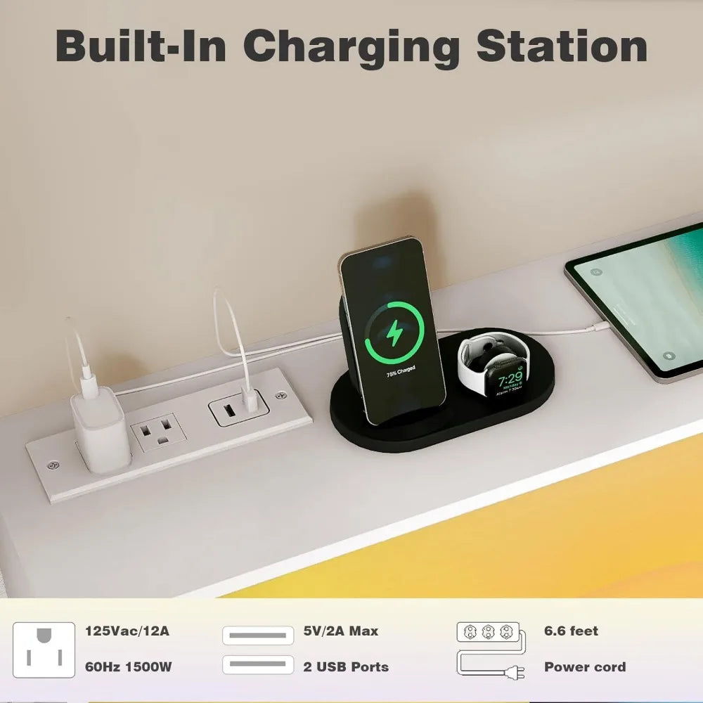6 Drawer Dresser With LED Light And Power Outlet In White Wood For Bedroom