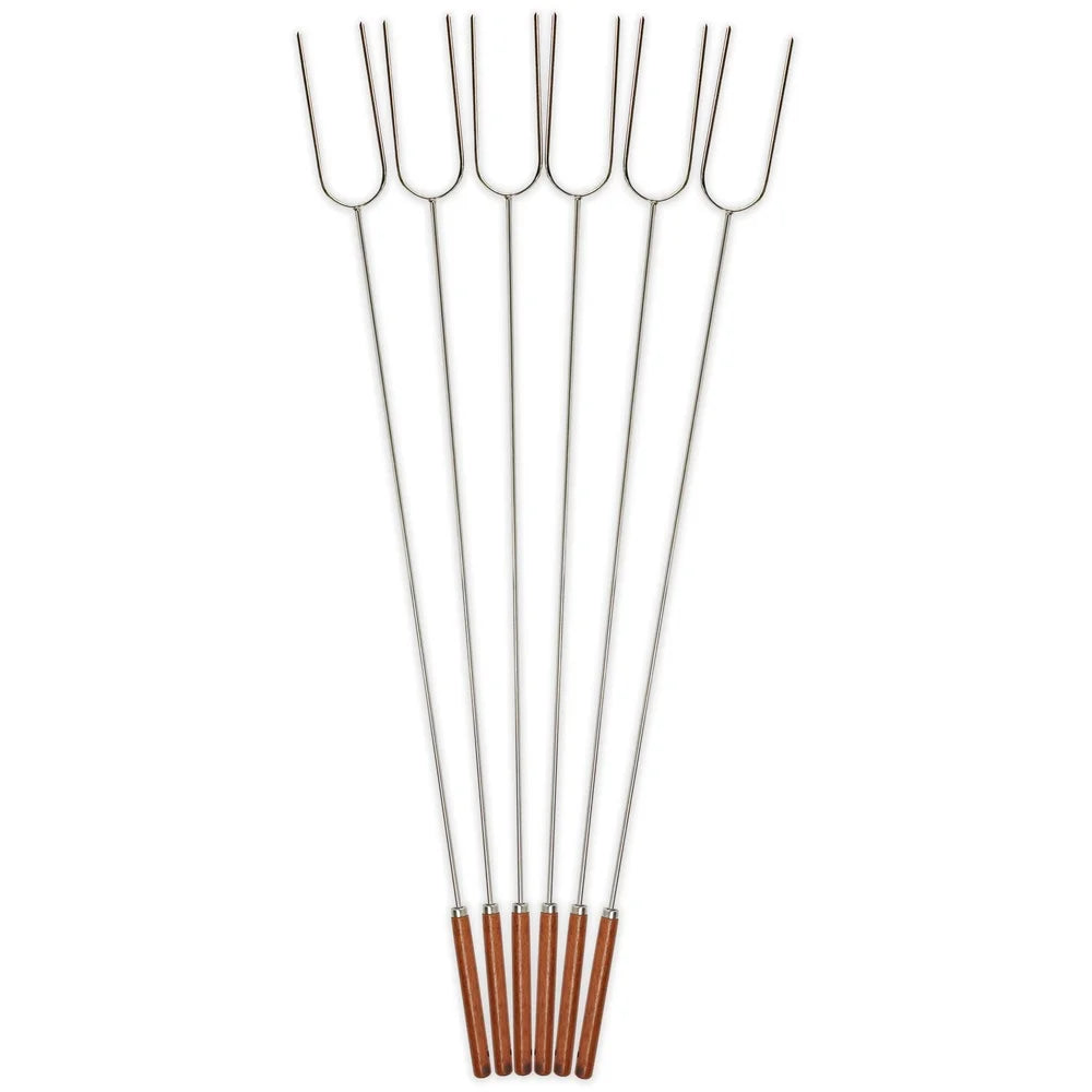 41 Inch Roasting Forks 6 Pack Heavy Duty Chrome Steel Skewers With Wooden Handles For Campfire Barbecue Outdoor Cooking