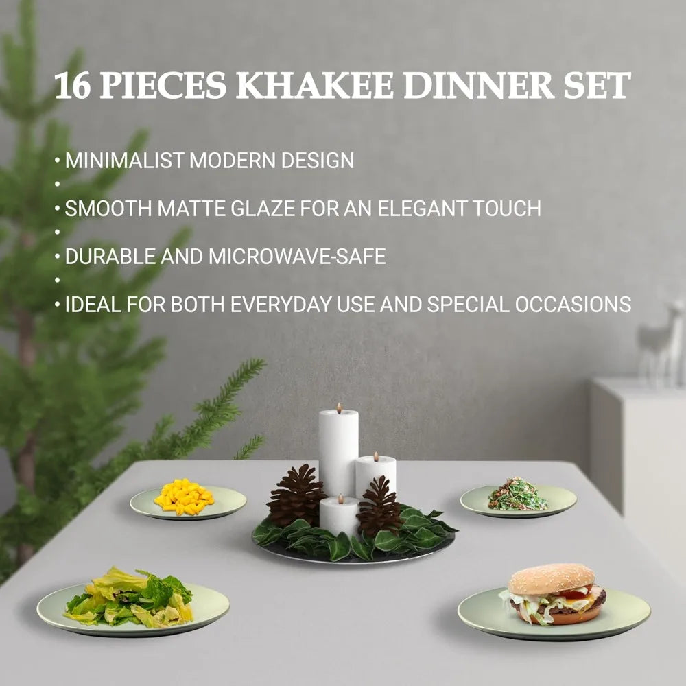 16-Piece Khakee Ceramic Dinner Set – Stoneware Plates, Bowls & Mugs – Modern Solid Colour Tableware for 4 – Microwave & Dishwash