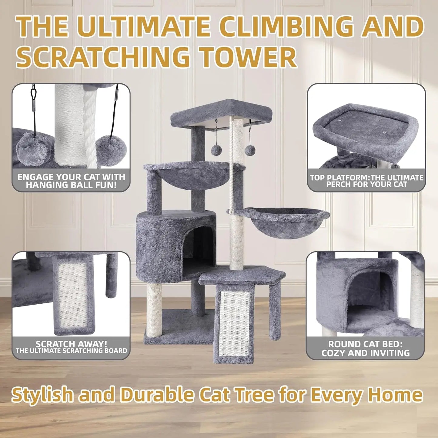 Xin Three Layer Cat Tree With Cat Condo And Two Hammocks Grey