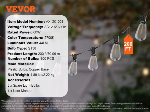 SucceBuy LED Outdoor String Lights 2700K Dimmable Patio