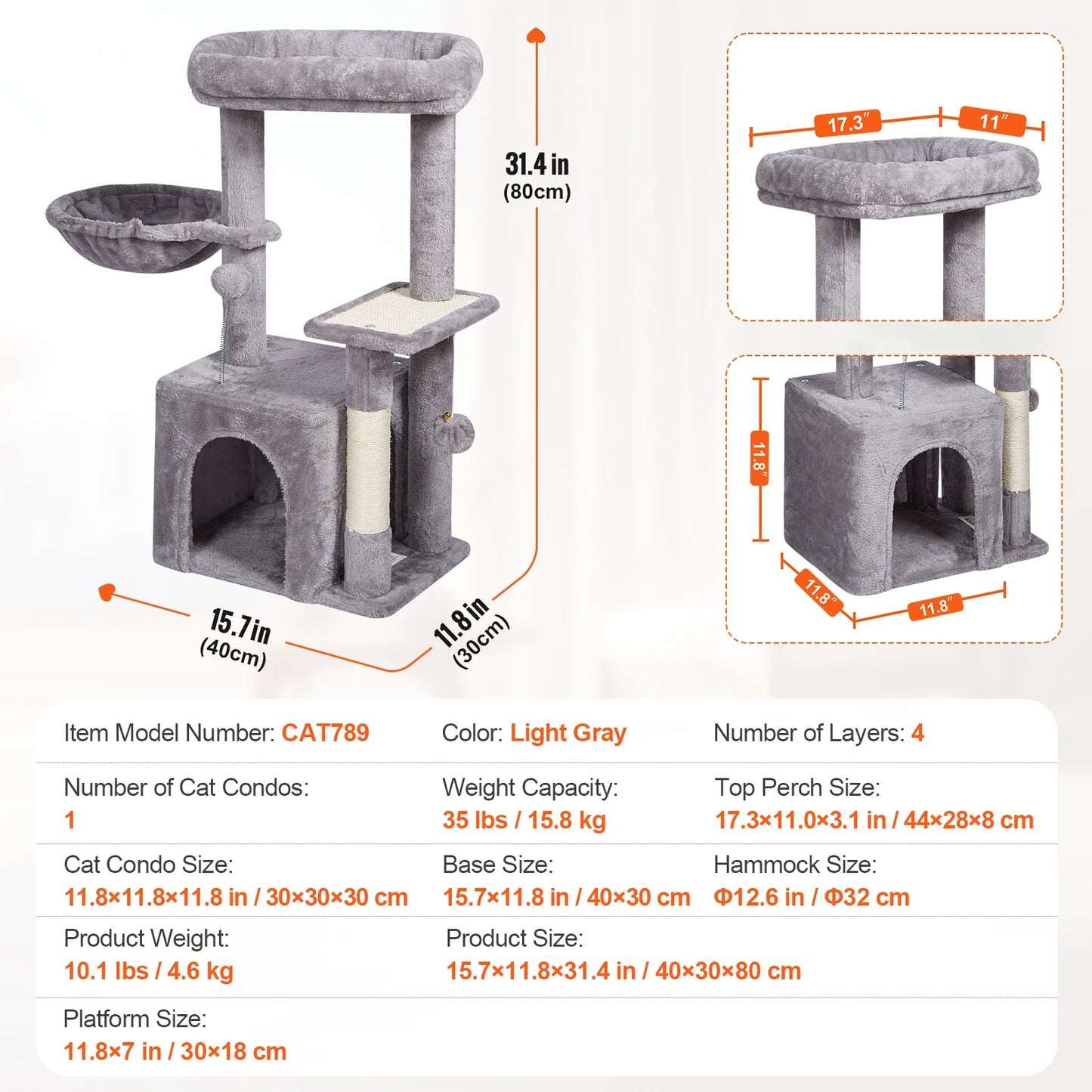 SucceBuy Cat Tree for Indoor Cats Cat Tower with Cat Condo Sisal Scratching Post HammockTop Perch Jumping Platforms Dark Grey