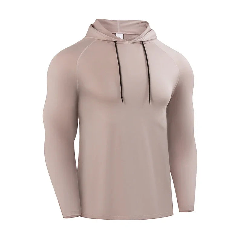 Mens Hooded Running Long Sleeve Shirt Elastic Jersey Gym Fitness Top