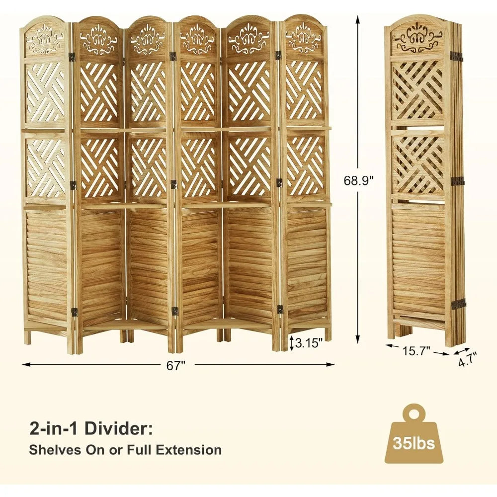 Natural Wood Carved Folding Screen 6 Panel Double Hinges