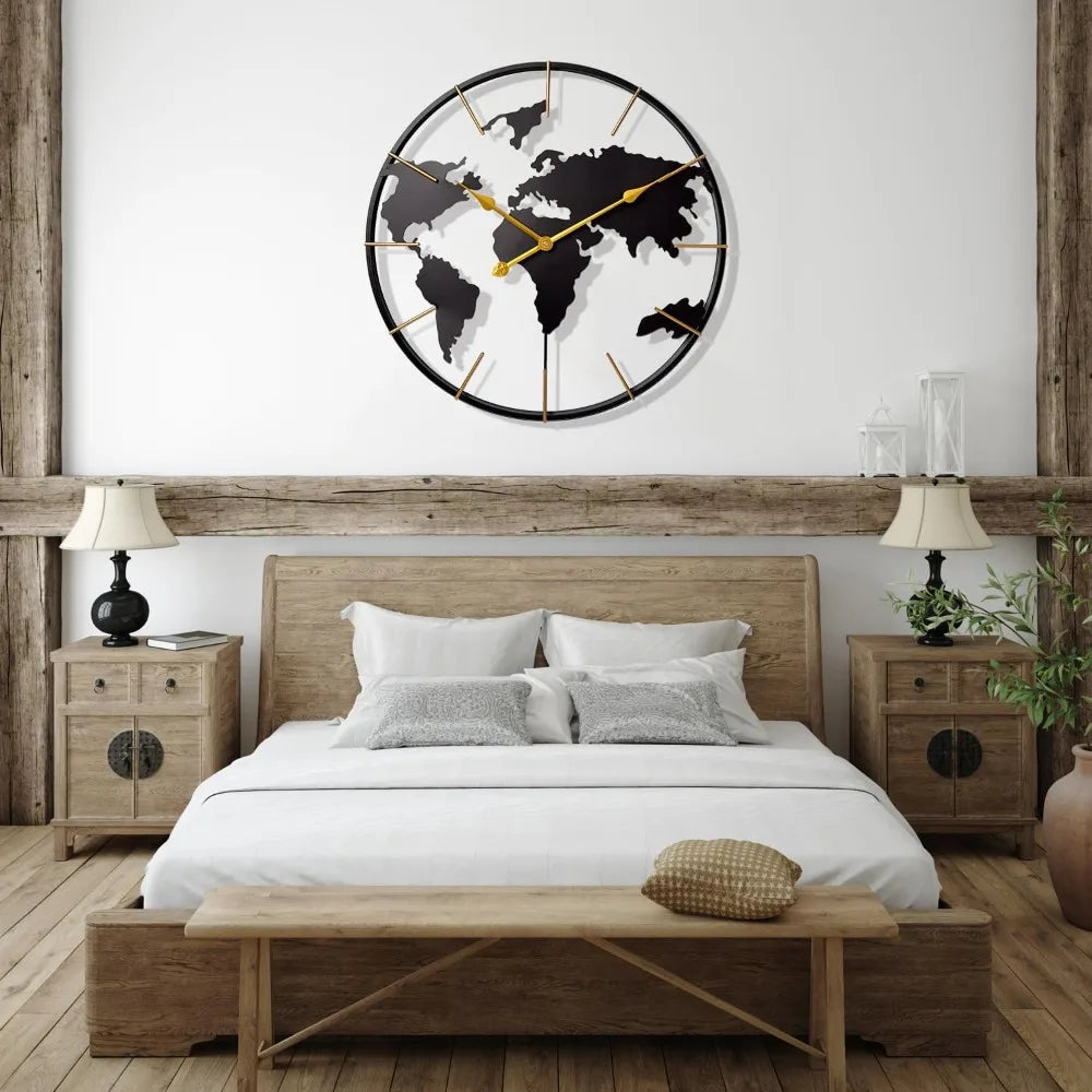 World Map Wall Clock Metal Minimalist Modern Round Silent Battery Operated