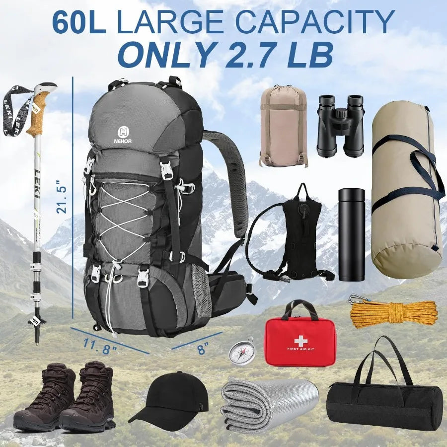 60L Hiking Backpack Water Resistant Camping Daypack