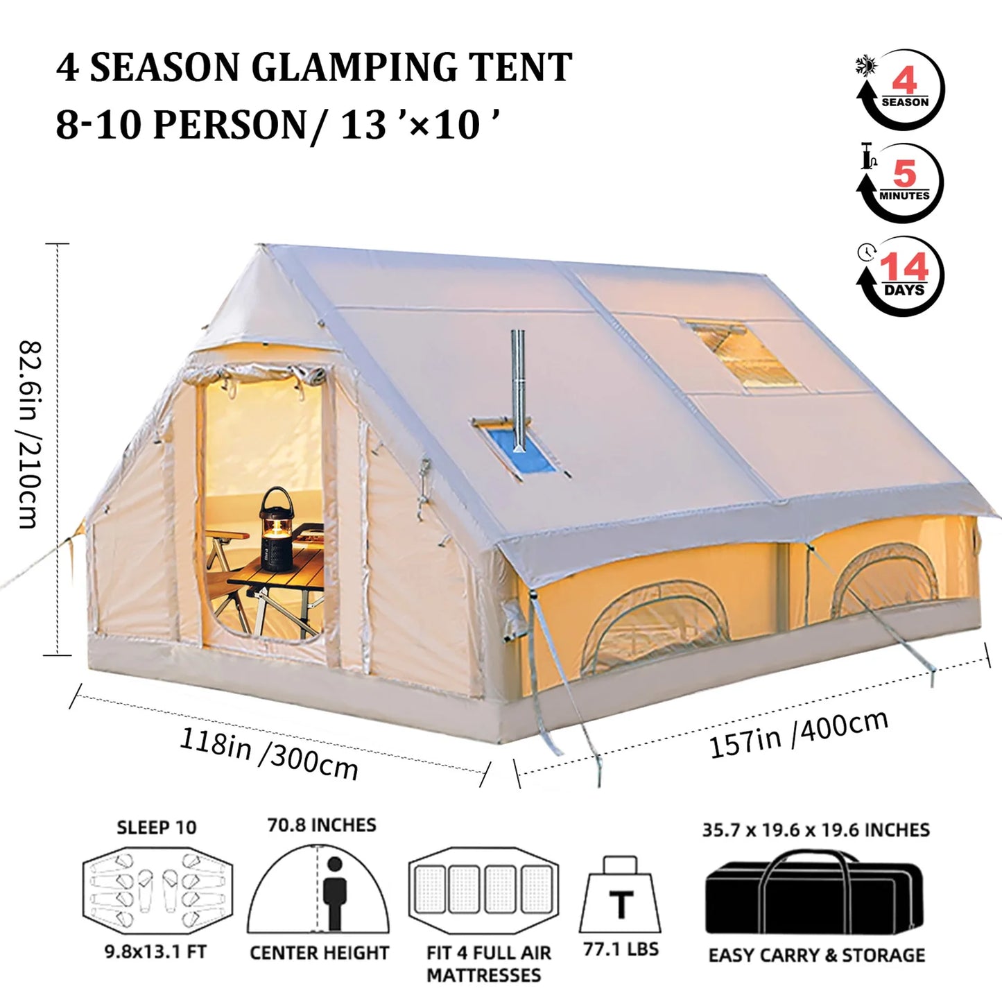 13 By 10 Foot Inflatable Tent For 8 To 10 People Season Waterproof Chimney Hole