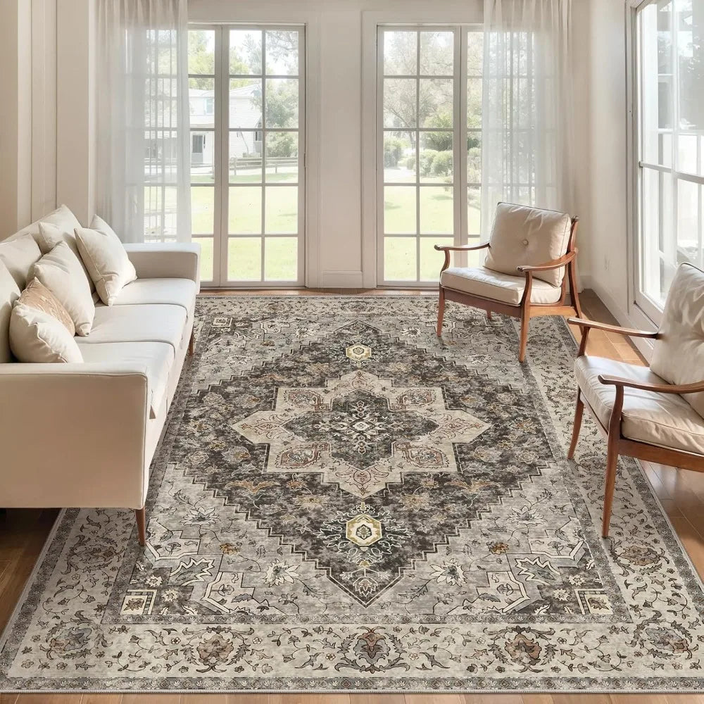 Vintage 8x10 Area Rug For Living Room Washable Indoor Non Slip Distressed Brown Grey Print Design