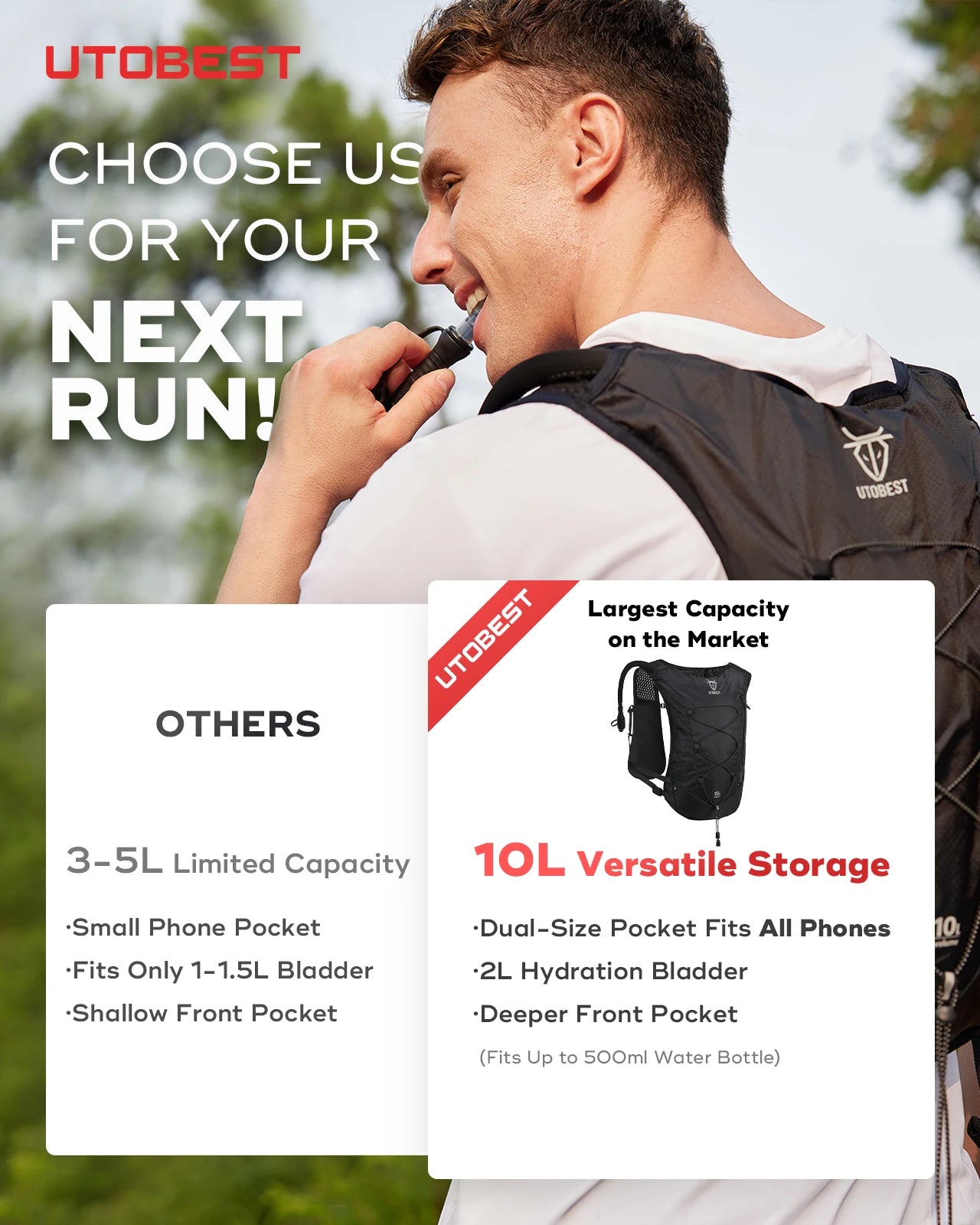 Utobest 10L Hydration Backpack for Running Hiking Cycling