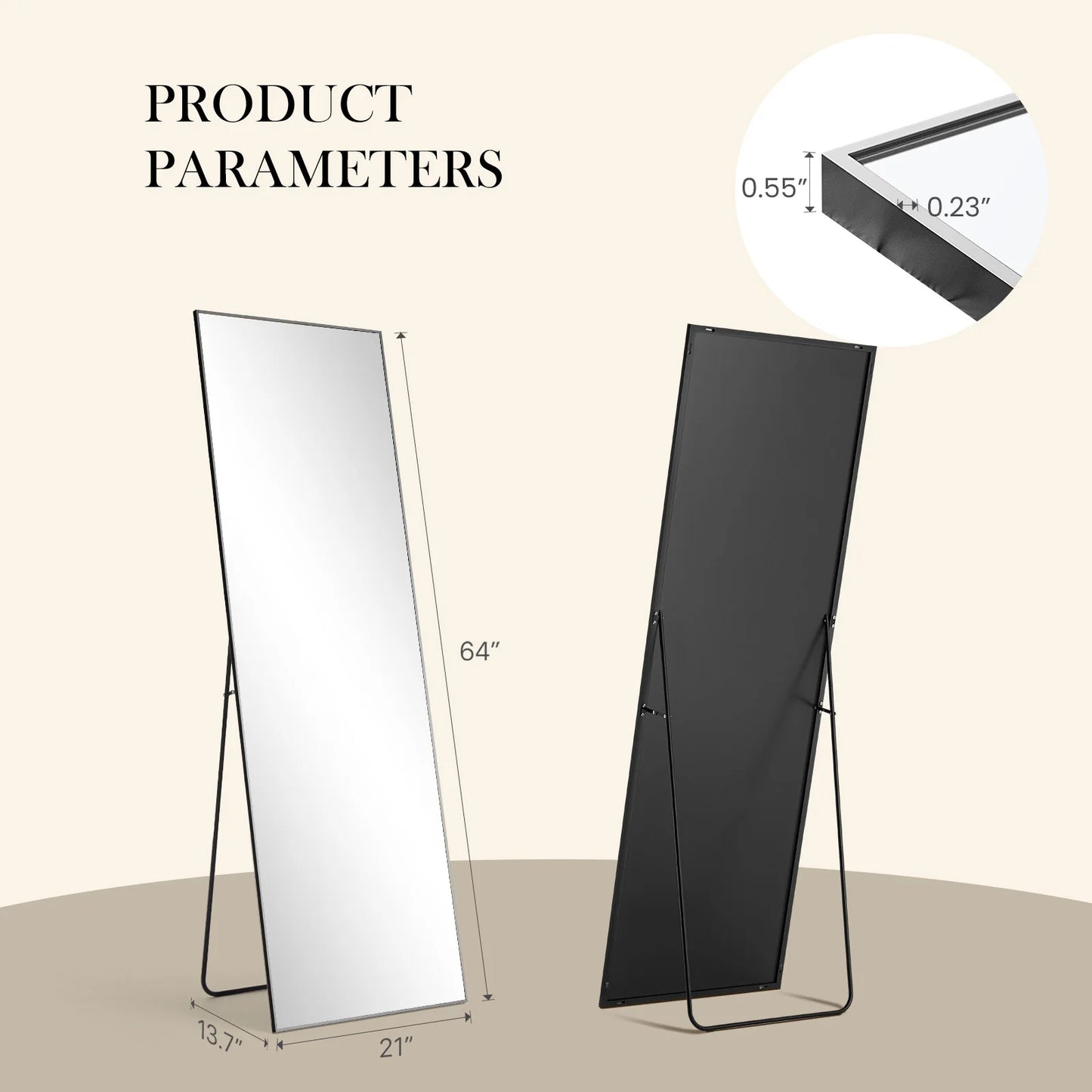 JHK Full Length Mirror Aluminum Alloy Frame Standing Or Wall Hanging 59x16 64x21
