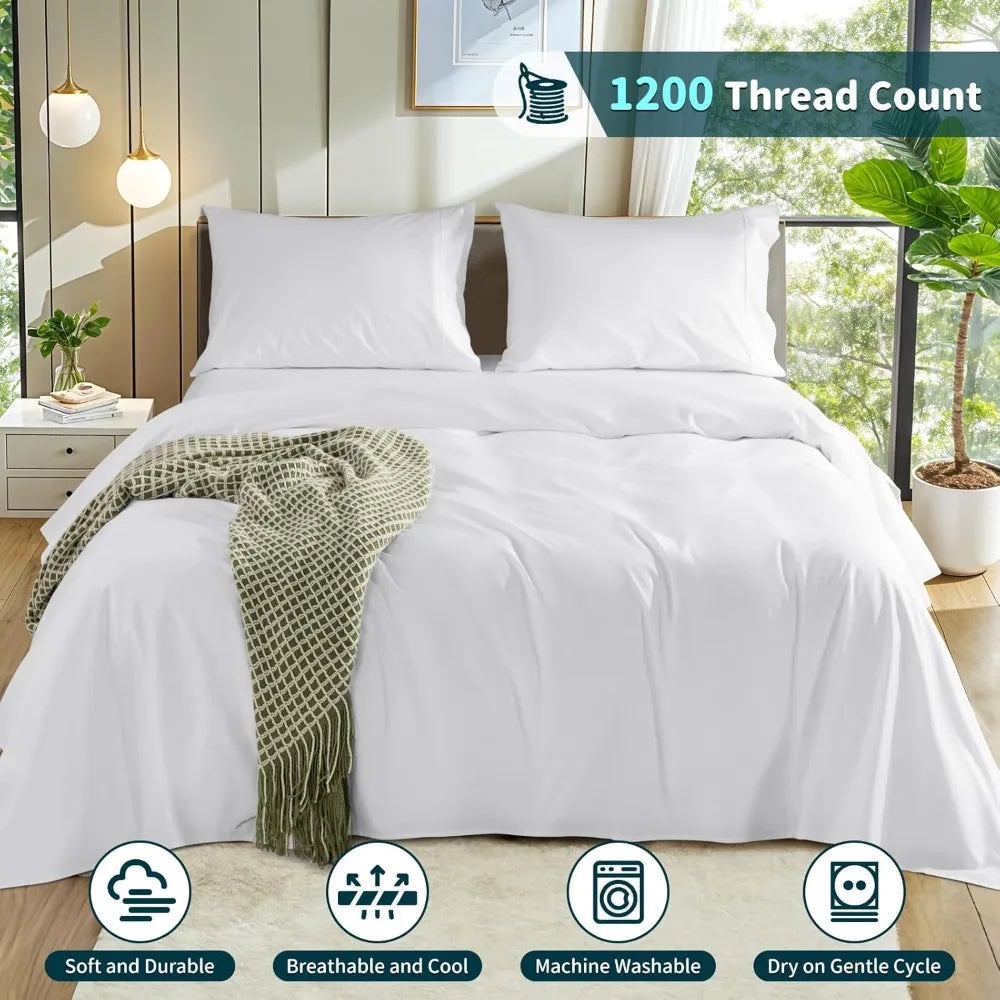 LBRO2M 100 Percent Cotton 1200 Thread Count King Size Sheet Set Deep Pocket