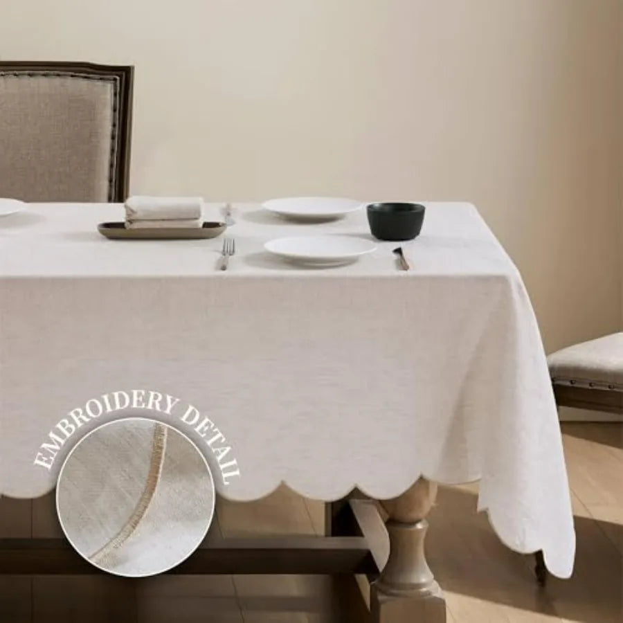 100 Percent French Flax Linen Tablecloths 84x60 Rectangle Scalloped Embroidery