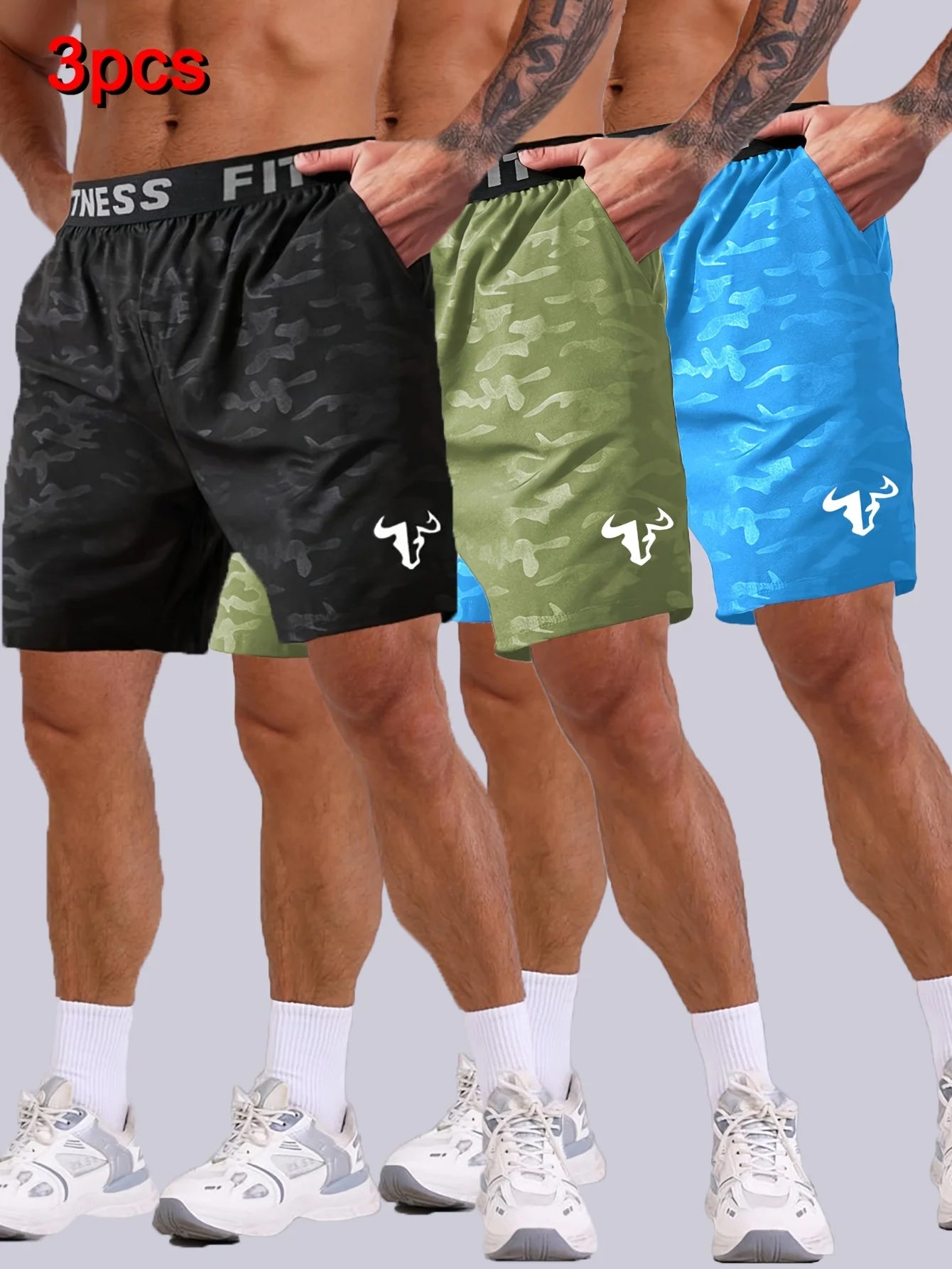 Men Bull Print Sports Shorts 3 Piece Set For Running