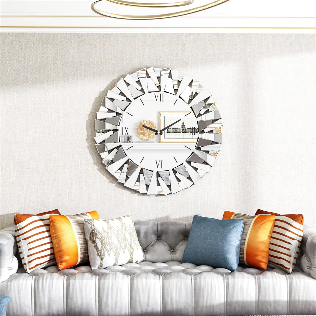 Large Wall Clock 3D Mirrored Sunburst Edge 32 Inch Round Roman Numeral Modern Living Room Dining Room Fireplace Decor