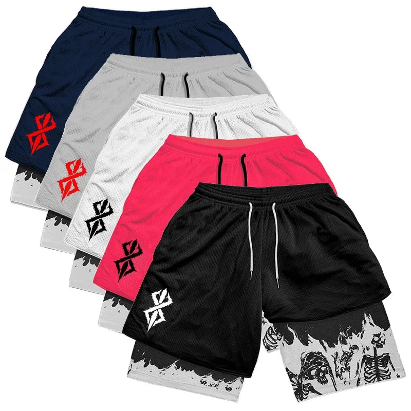 Berserk Skull Print 2 In 1 Running Shorts For Men Quick Dry Gym Activewear