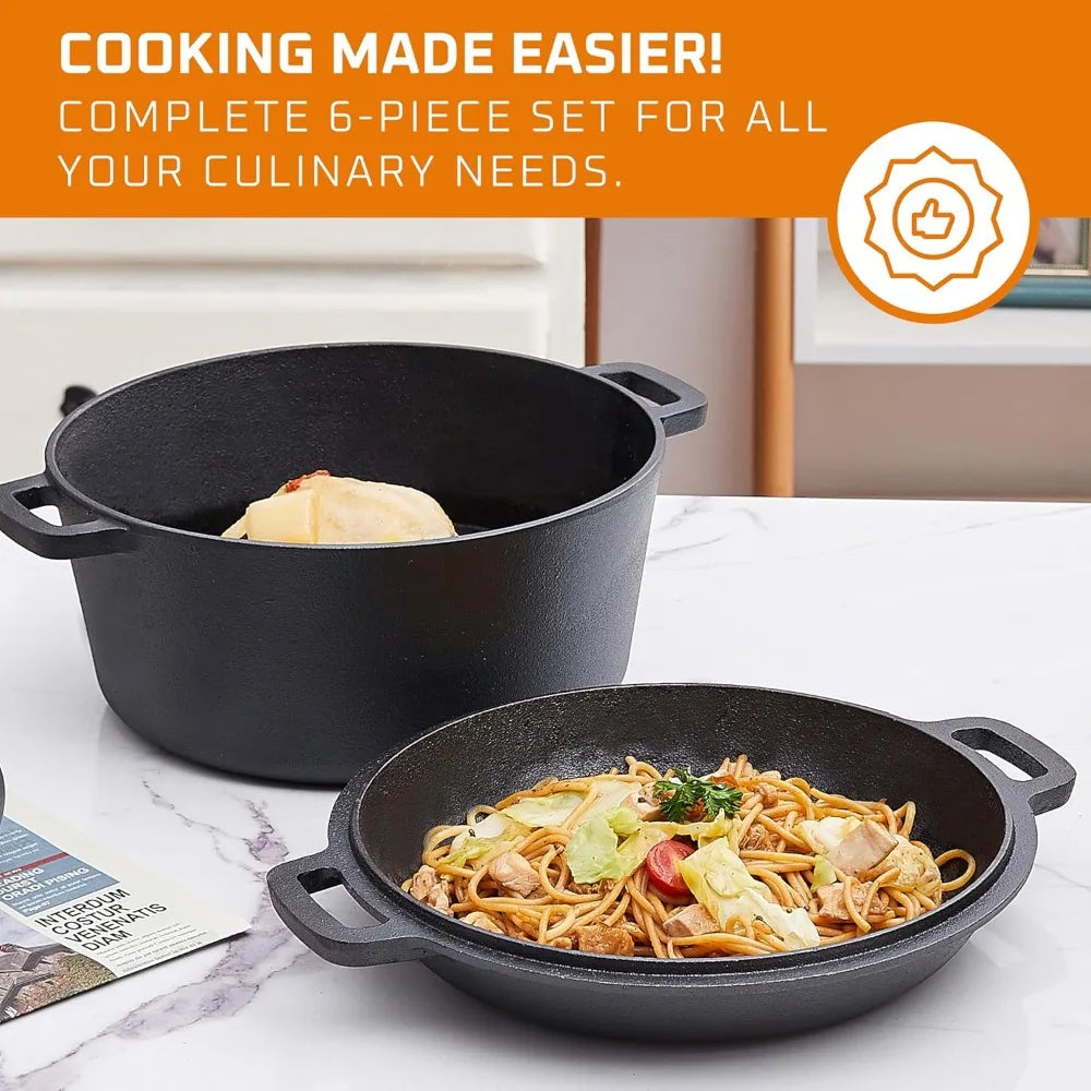 YTYIN Cast Iron Cookware Set With Skillet And Square Pan Lid For Camping