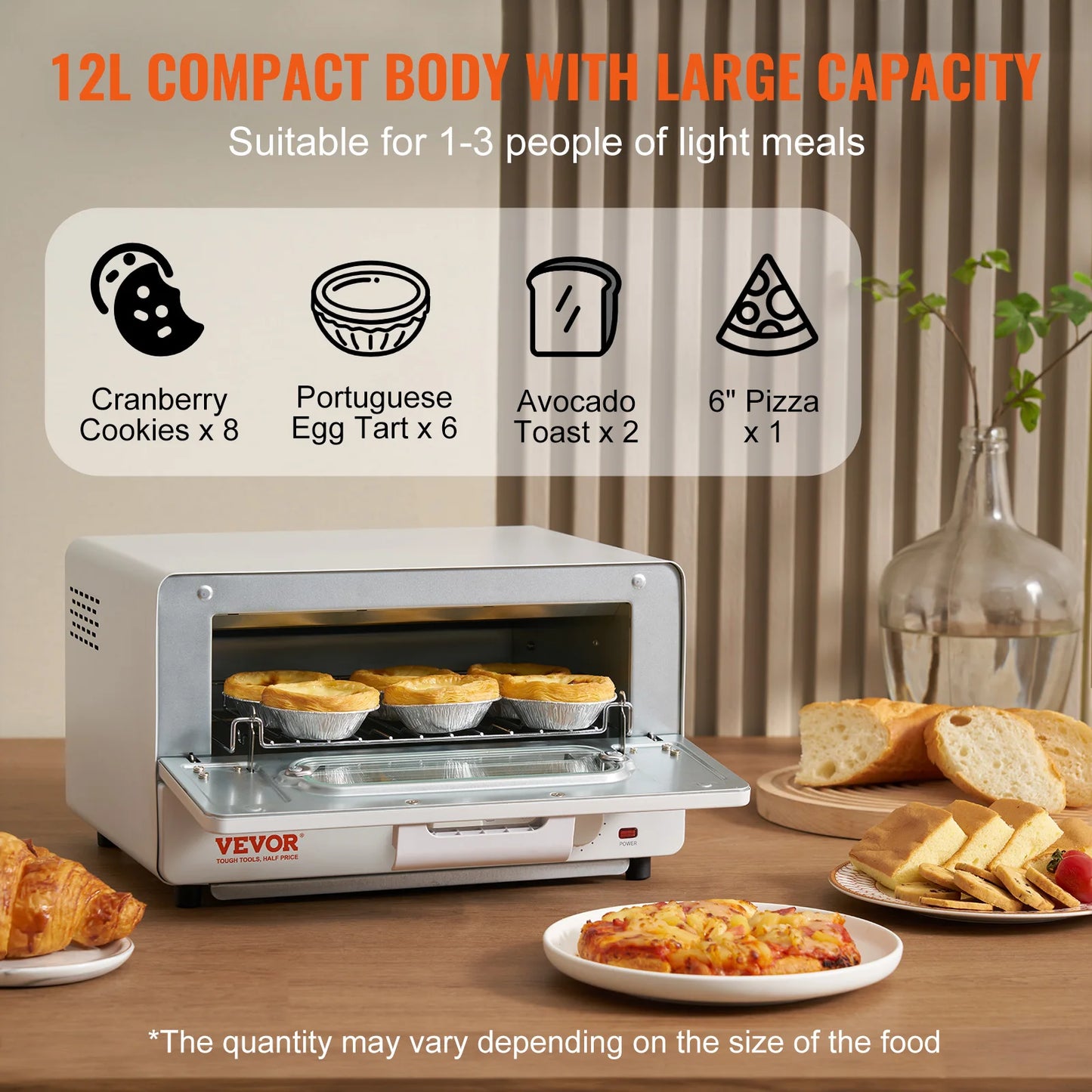 VEVOR 5-IN-1 Steam Oven Toaster 12L Convection Oven 1300W Steam Toaster Oven Countertop Combo with Grill Pizza Pan Gloves White