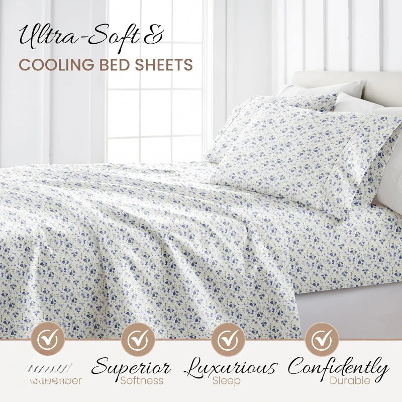 4 Piece Queen Sheet Set (Light Blue Floral) - Sleep Better Than Ever with These Ultra-Soft & Cooling Bed Sheets