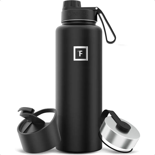 Stainl Steel Water Bottle Hydration Flask 40 oz Midnight Black with 3 Lids