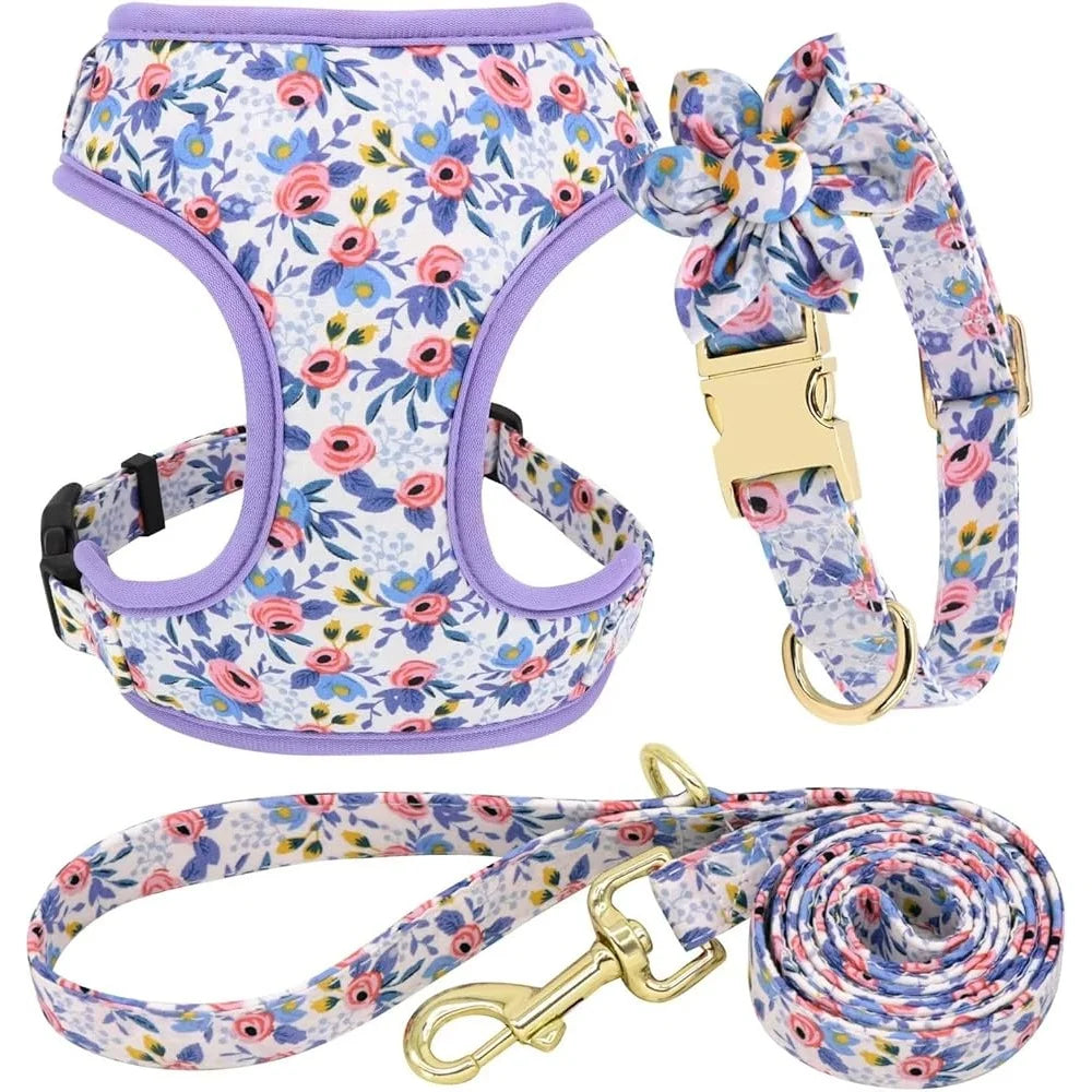 Cute Dog Harness Leash Collar Set Floral Mesh Vest Puppies