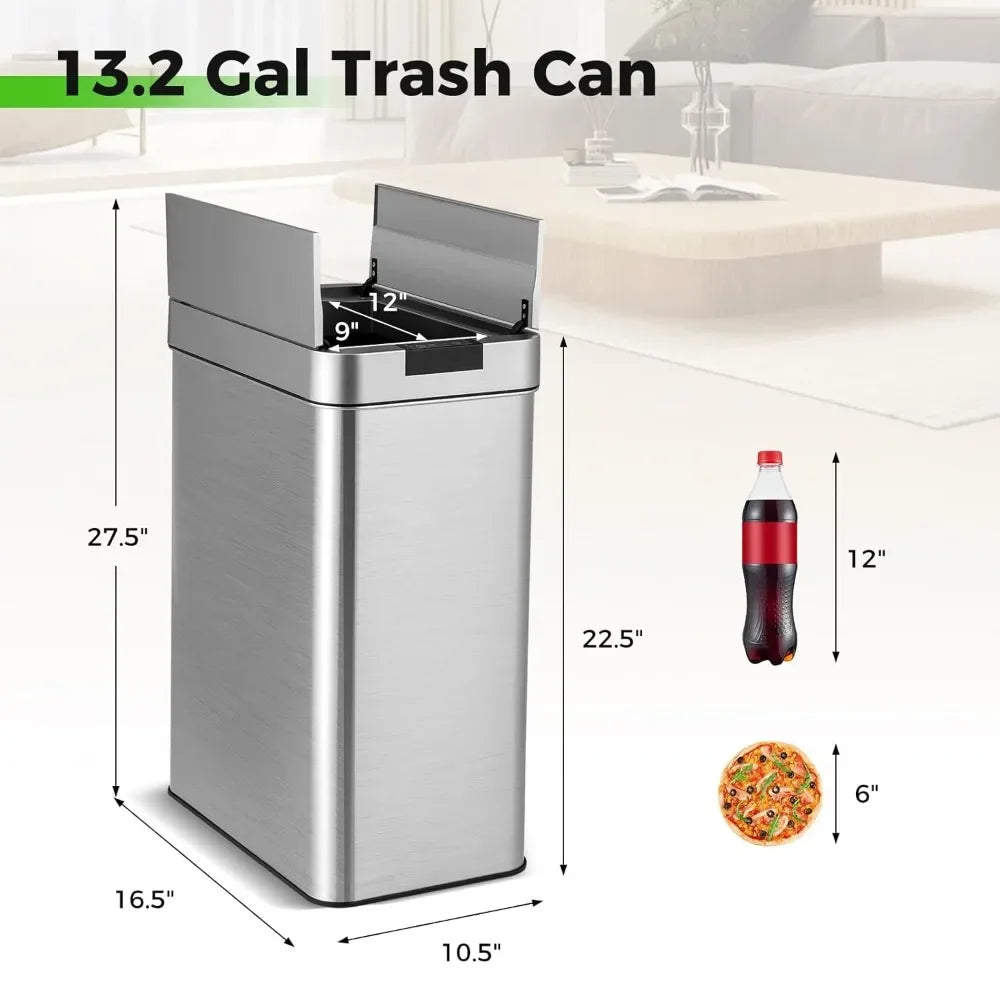 Slim Kitchen Trash Can With Wing Lids 13.2 Gal Automatic Sensor Stainless Steel