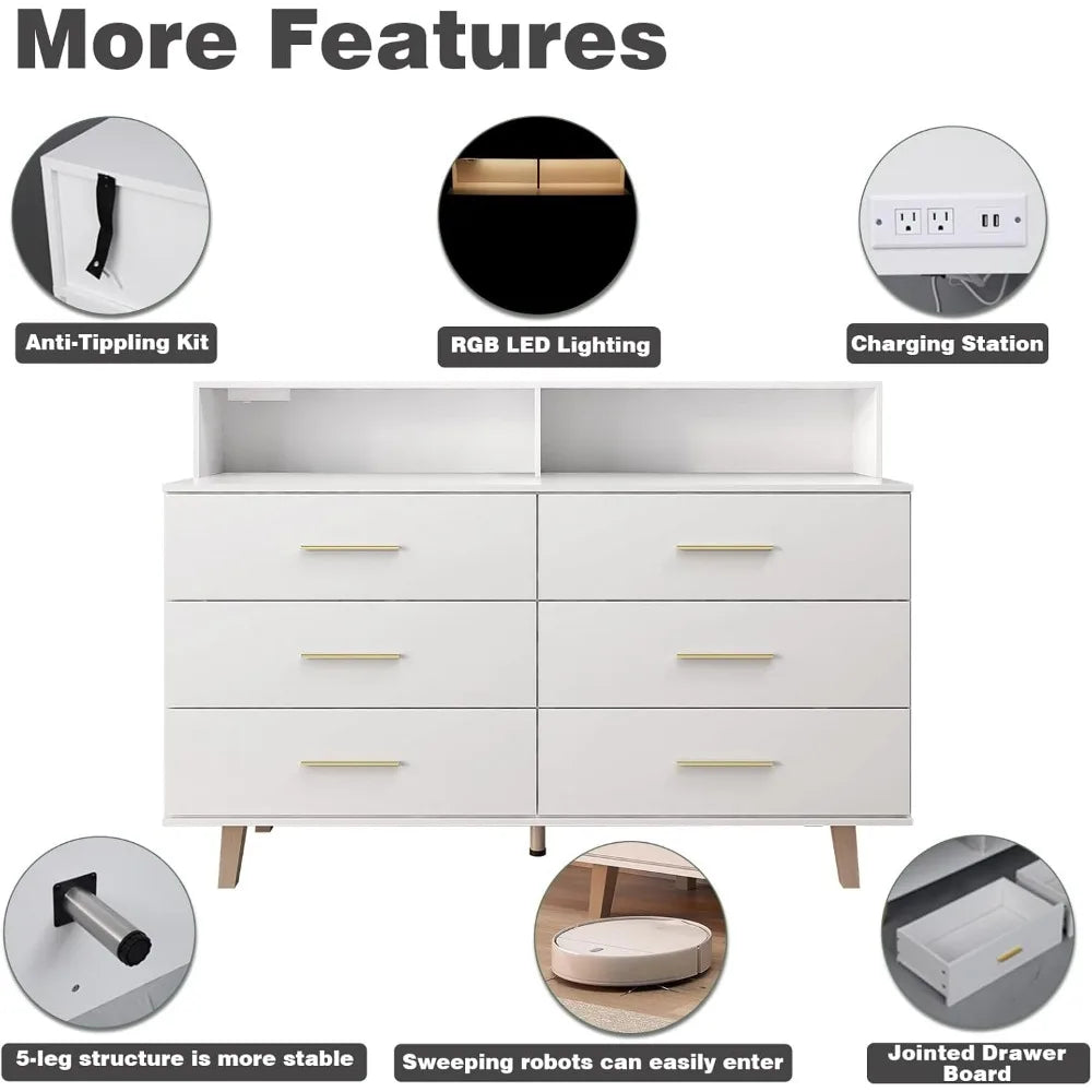 6 Drawer Dresser With LED Light And Power Outlet In White Wood For Bedroom