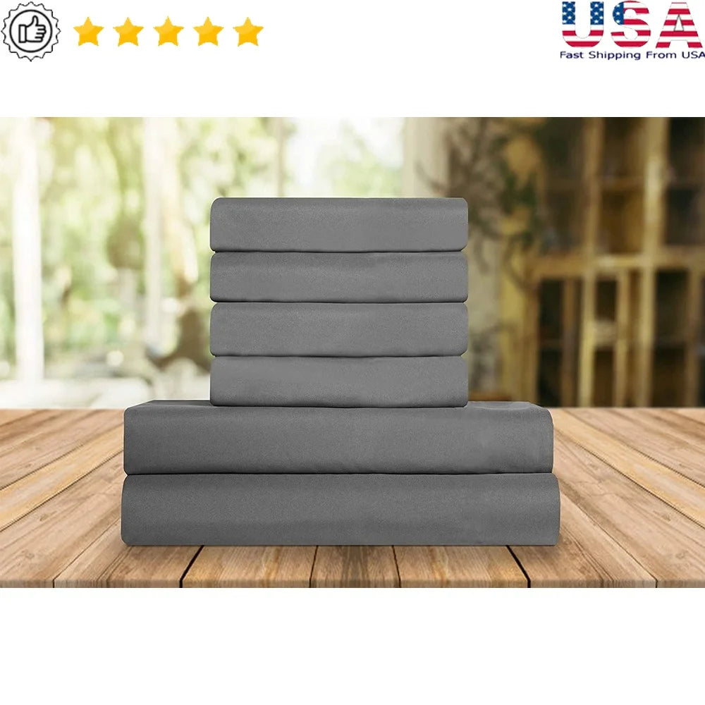 King Size 6 Piece Microfiber Bed Sheet Set Platinum Grey