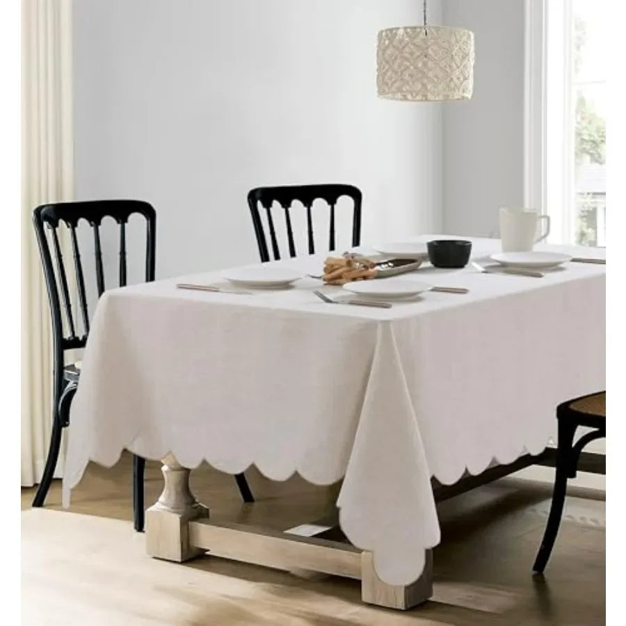 100 Percent French Flax Linen Tablecloths 84x60 Rectangle Scalloped Embroidery