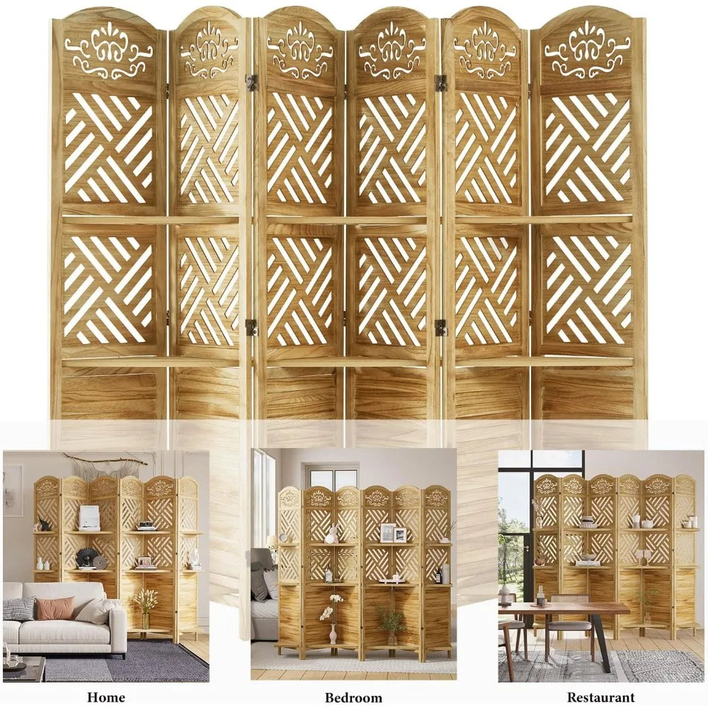 Natural Wood Carved Folding Screen 6 Panel Double Hinges