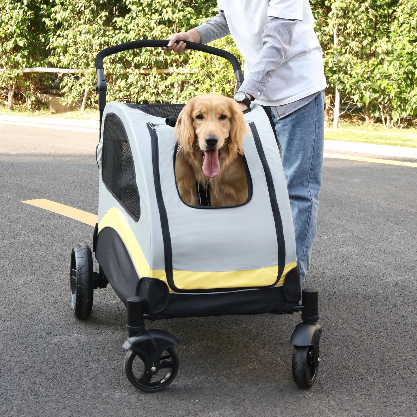 Portable Dog Stroller 4 Wheels Foldable Breathable Carrier For Large Dogs Travel