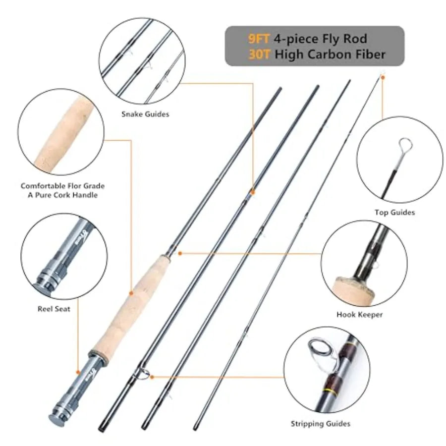 8Fans Portable Fly Rod and Reel Combo 4 Section Starter Package