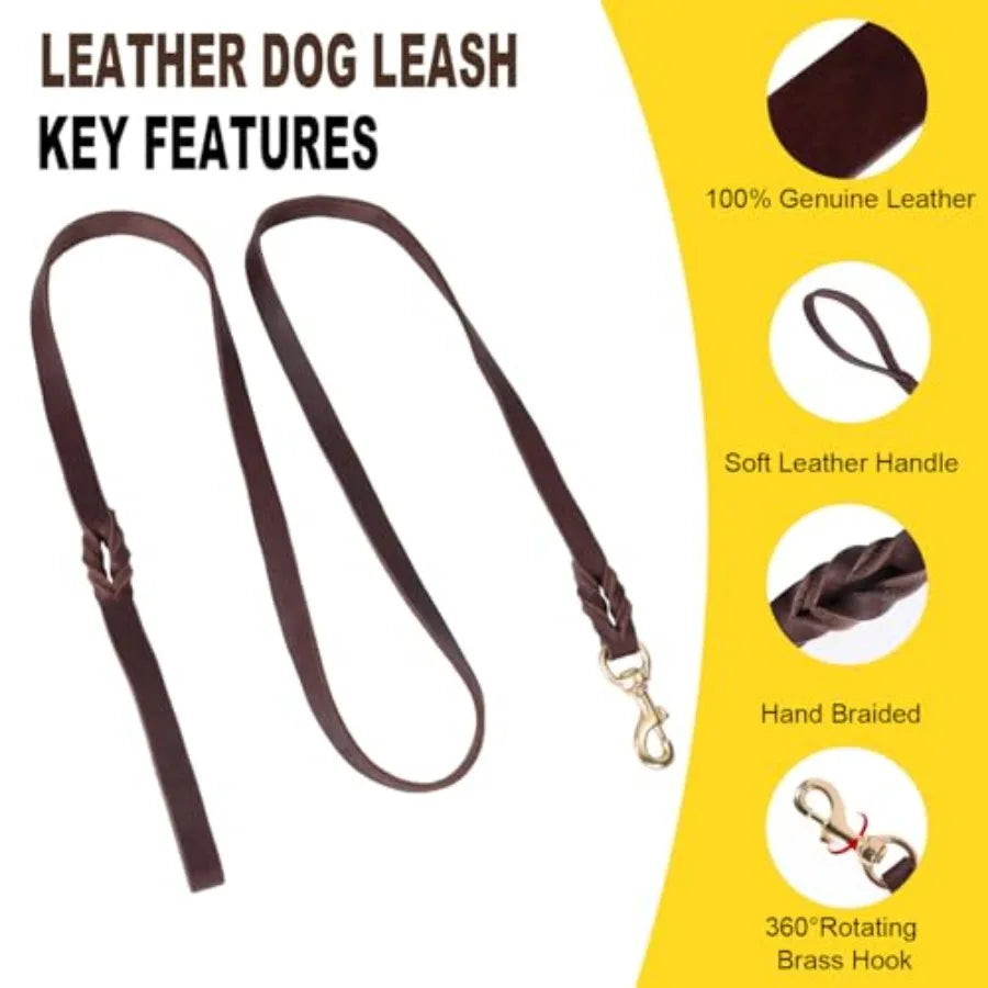 6Foot Heavy Duty Leather Dog Collar And Leash Set With Metal Buckle