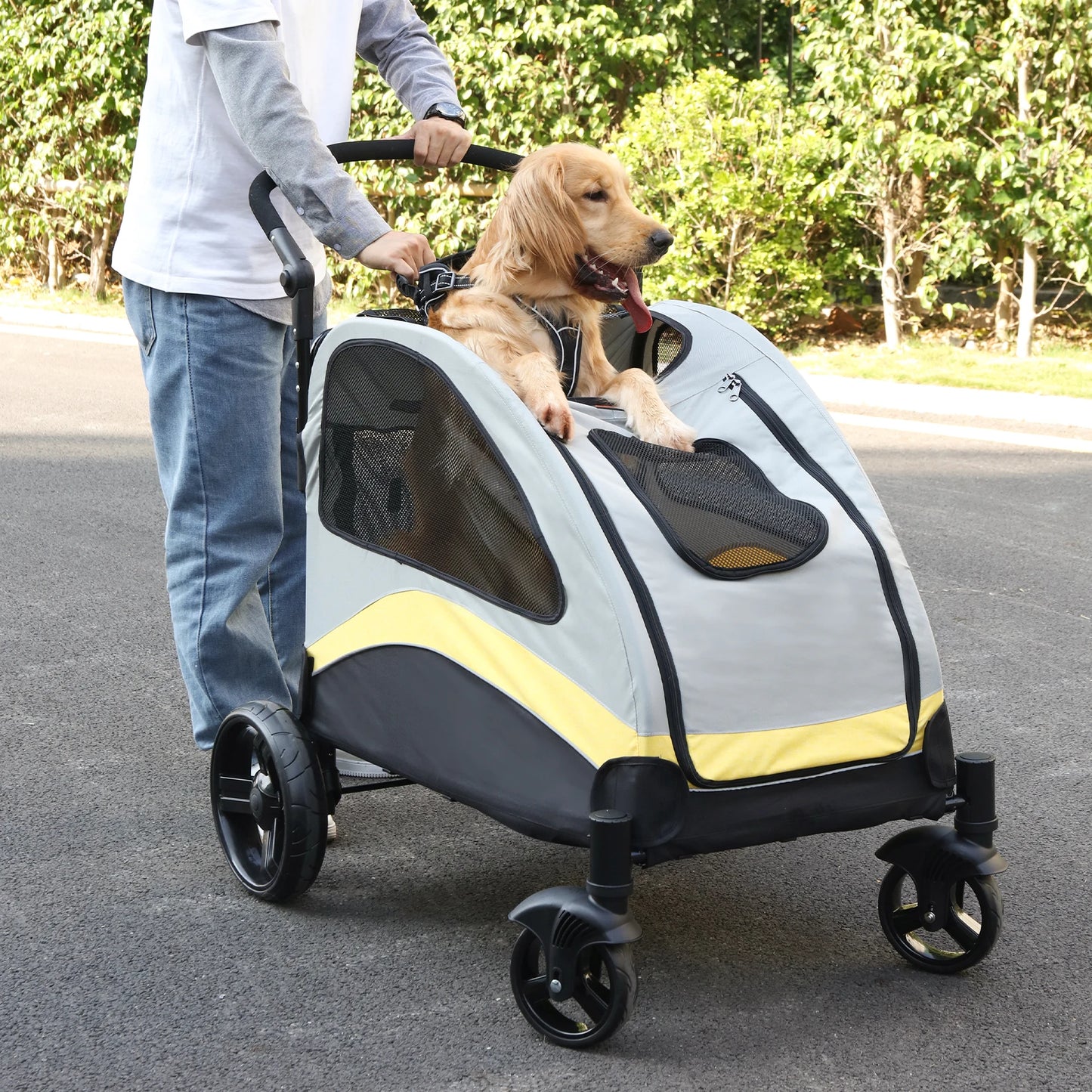 Portable Dog Stroller 4 Wheels Foldable Breathable Carrier For Large Dogs Travel
