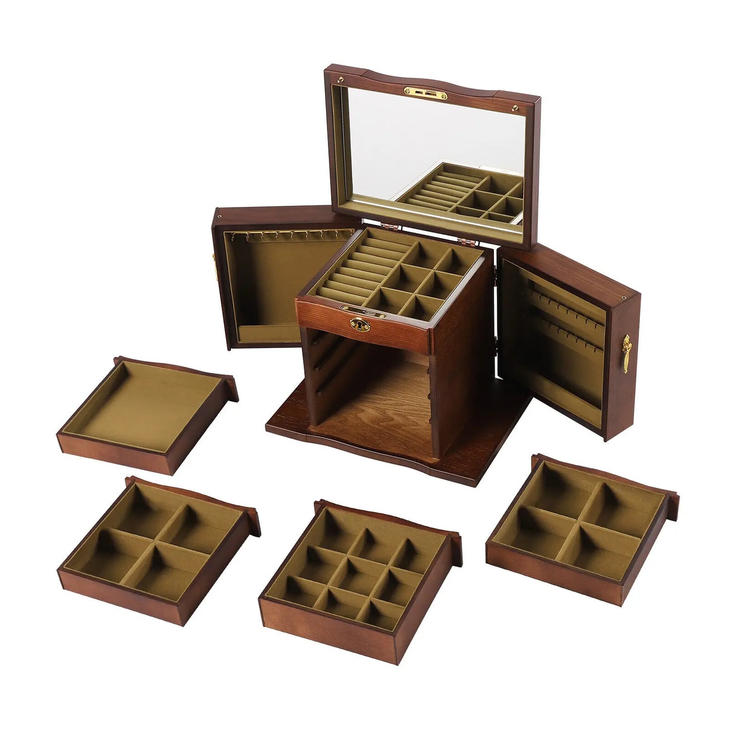 Five Layer Wooden Jewelry Box With Mirror Four Drawers