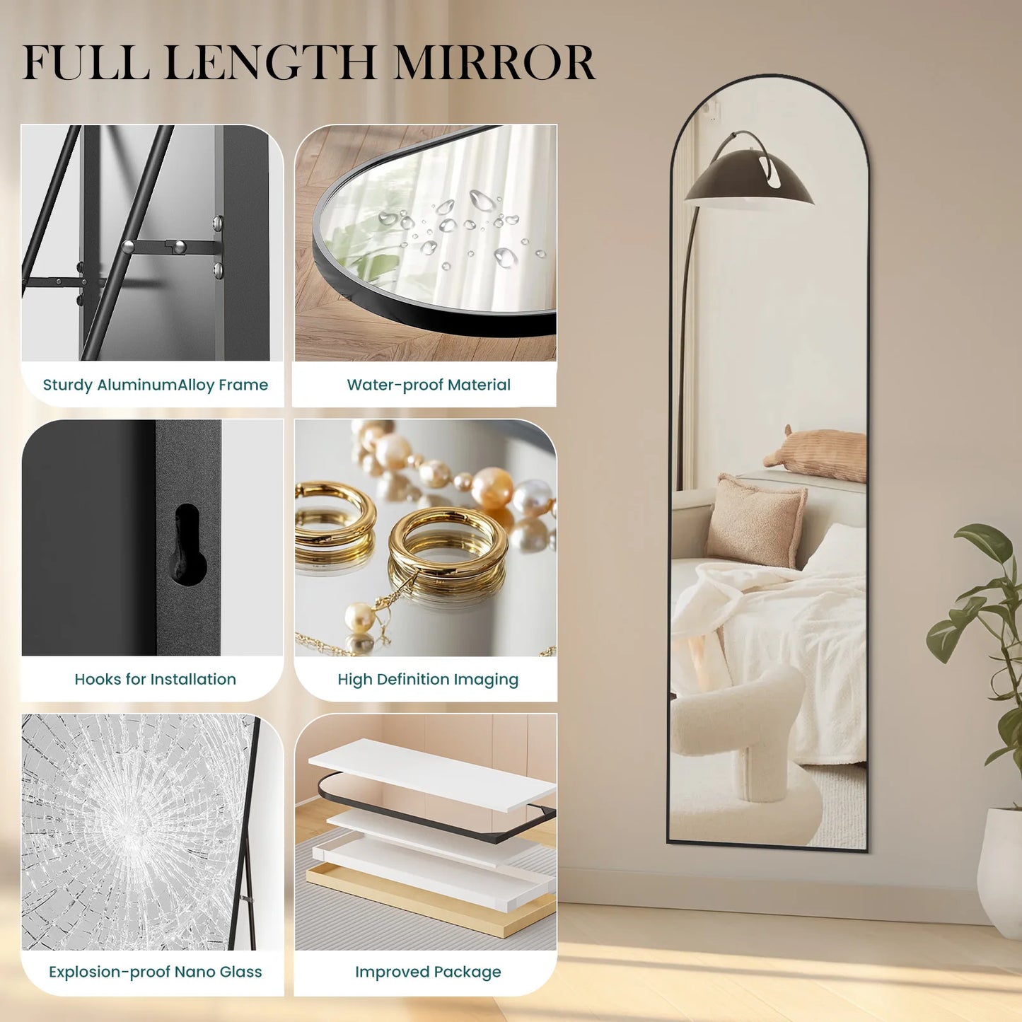 JHK Full Length Mirror Aluminum Alloy Frame Standing Or Wall Hanging 59x16 64x21